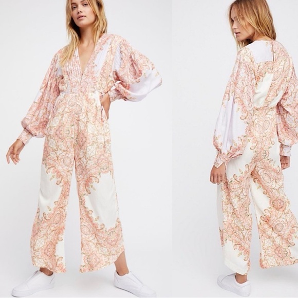 NWOT Free People Blooming Fields Ballon Sleeve Jumpsuit In Floral Combo Small